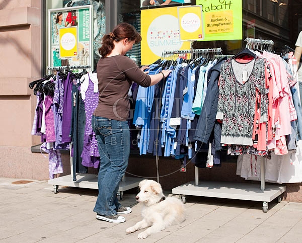 044810 Frau und Border Collie Welpe vor Geschaeft