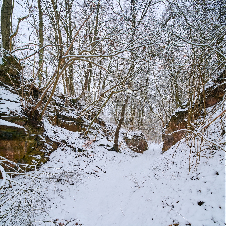 Haßberge, Hohlweg bei Unfinden im Winter mit Schnee 112199.jpg
