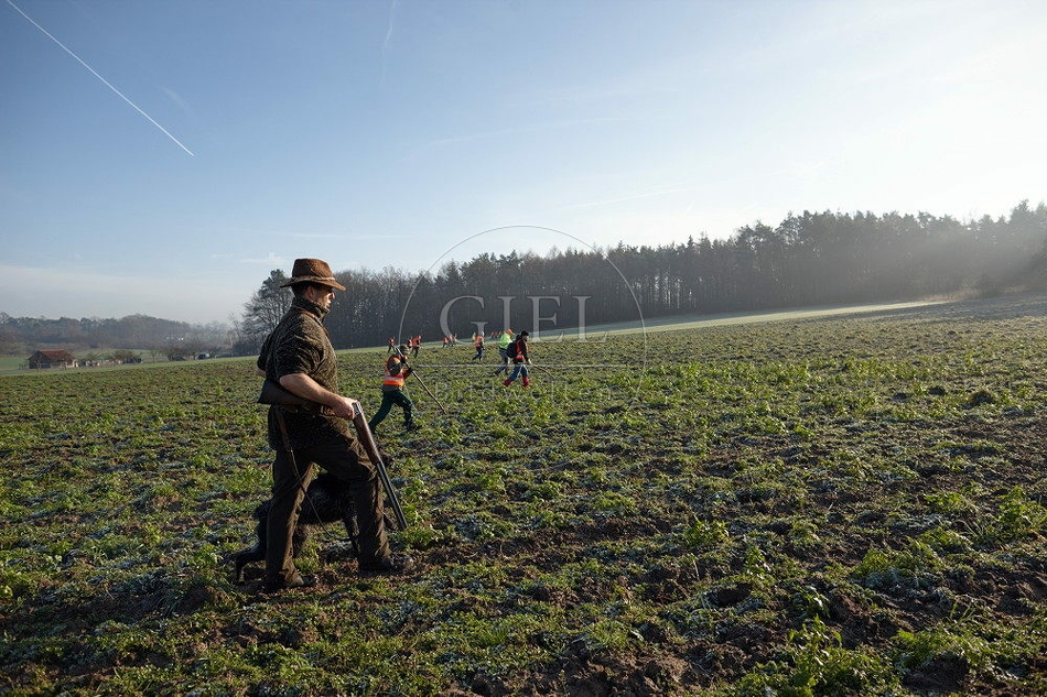 114457 Jäger mit Deutsch Drahthaar bei Treibjagd