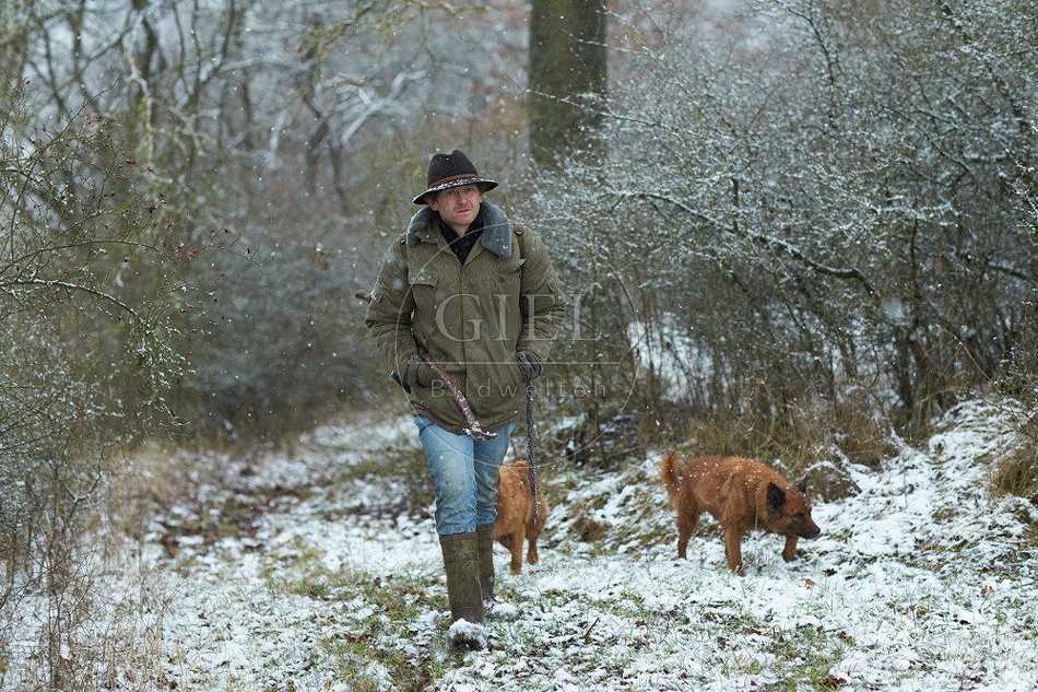 114538 Schäfer im Winter mit Schafherde unterwegs